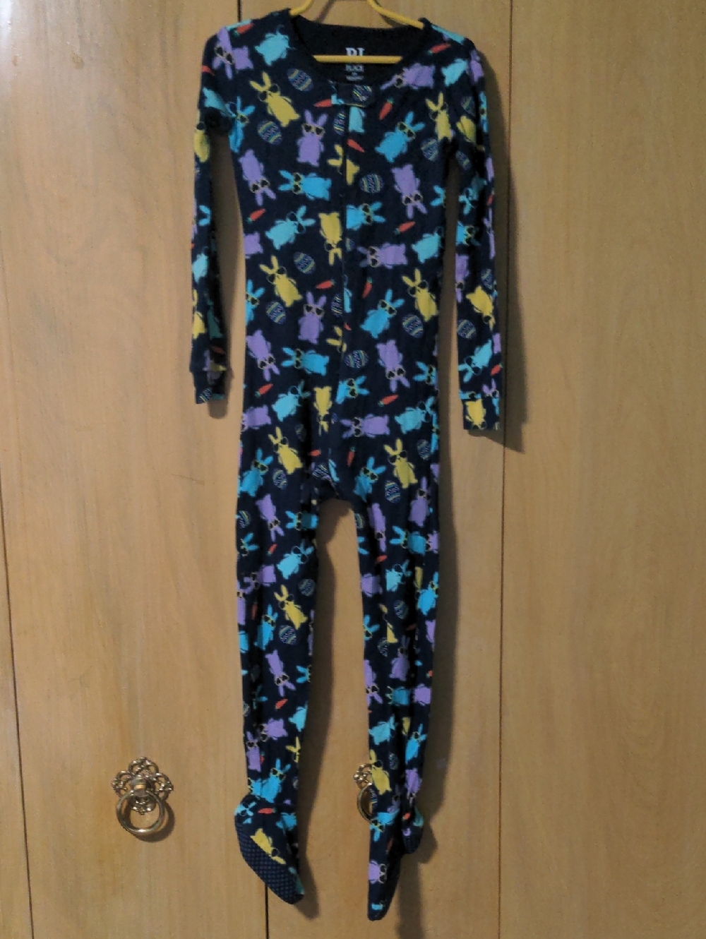 Navy Blue Footsie Footed One-Piece Pajamas w/ Colorful Bunny Print Carrots Eggs